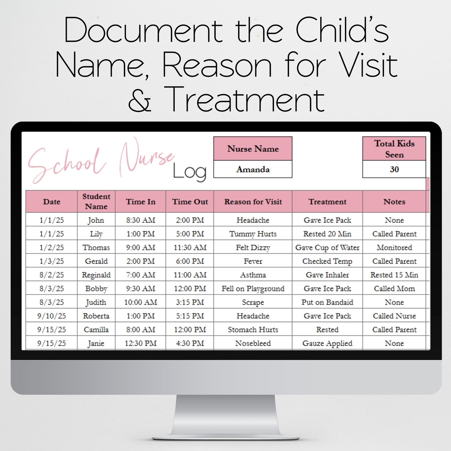 School Nurse Log Template Google Sheets and Excel Spreadsheet
