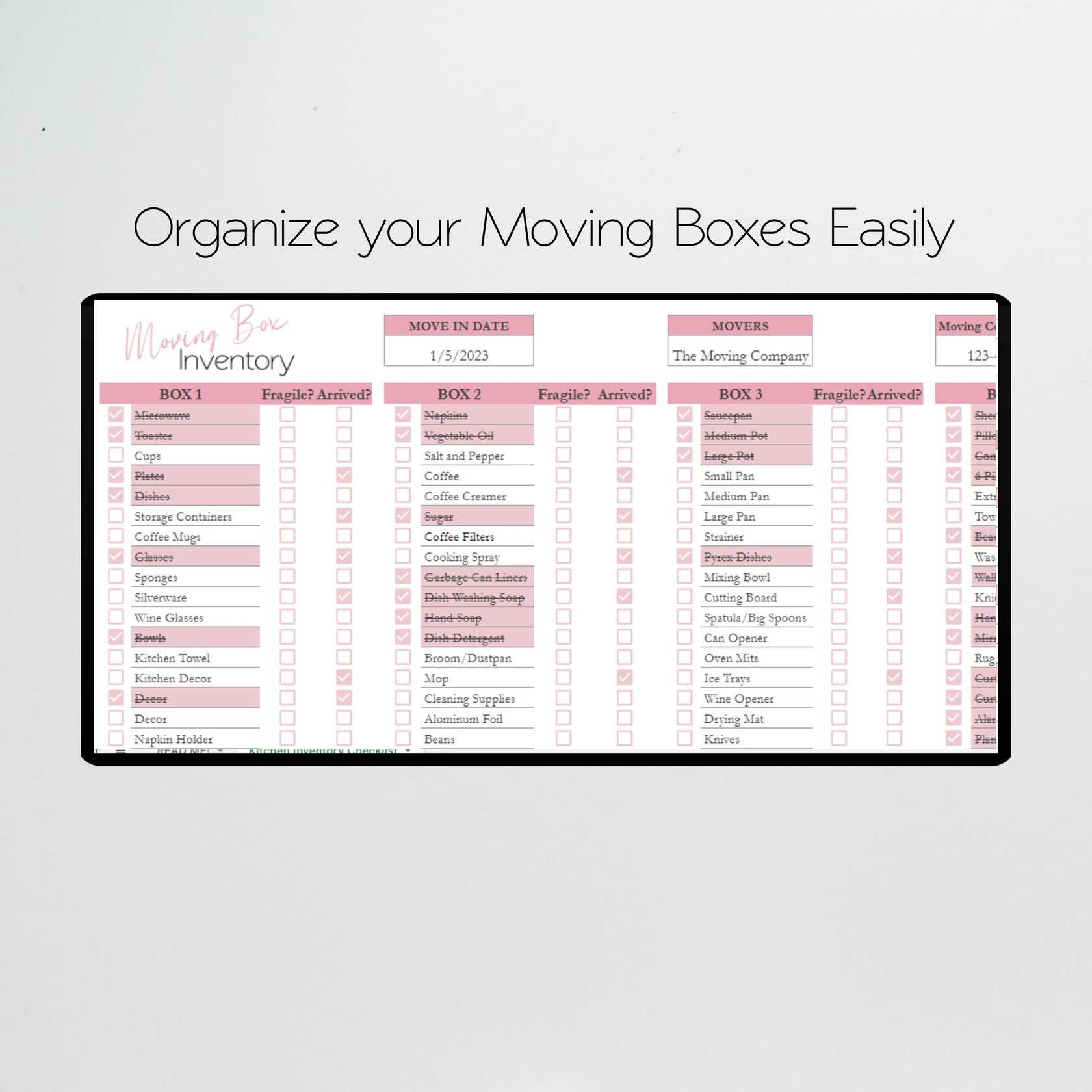 Moving Box Inventory Google Sheet and Excel Spreadsheet – Savvy and ...