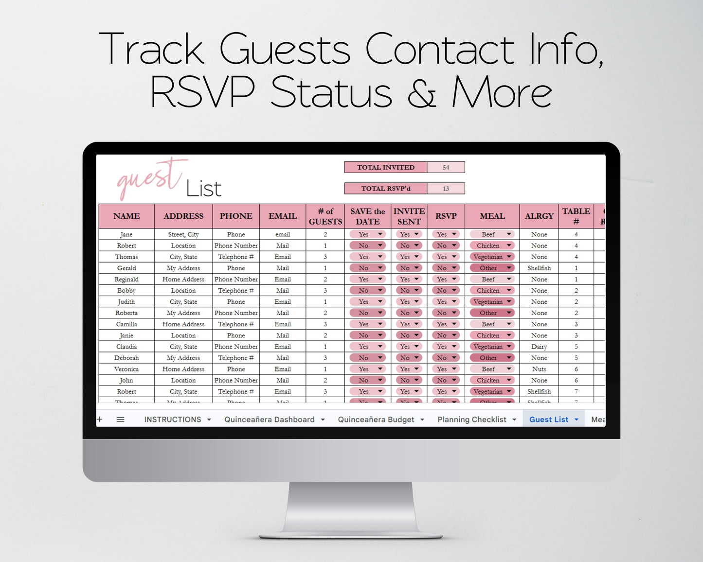 Quinceañera Planner Spreadsheet | Party Planning Template (Google Sheets & Excel) - Budget, Itinerary, Meals, Timeline