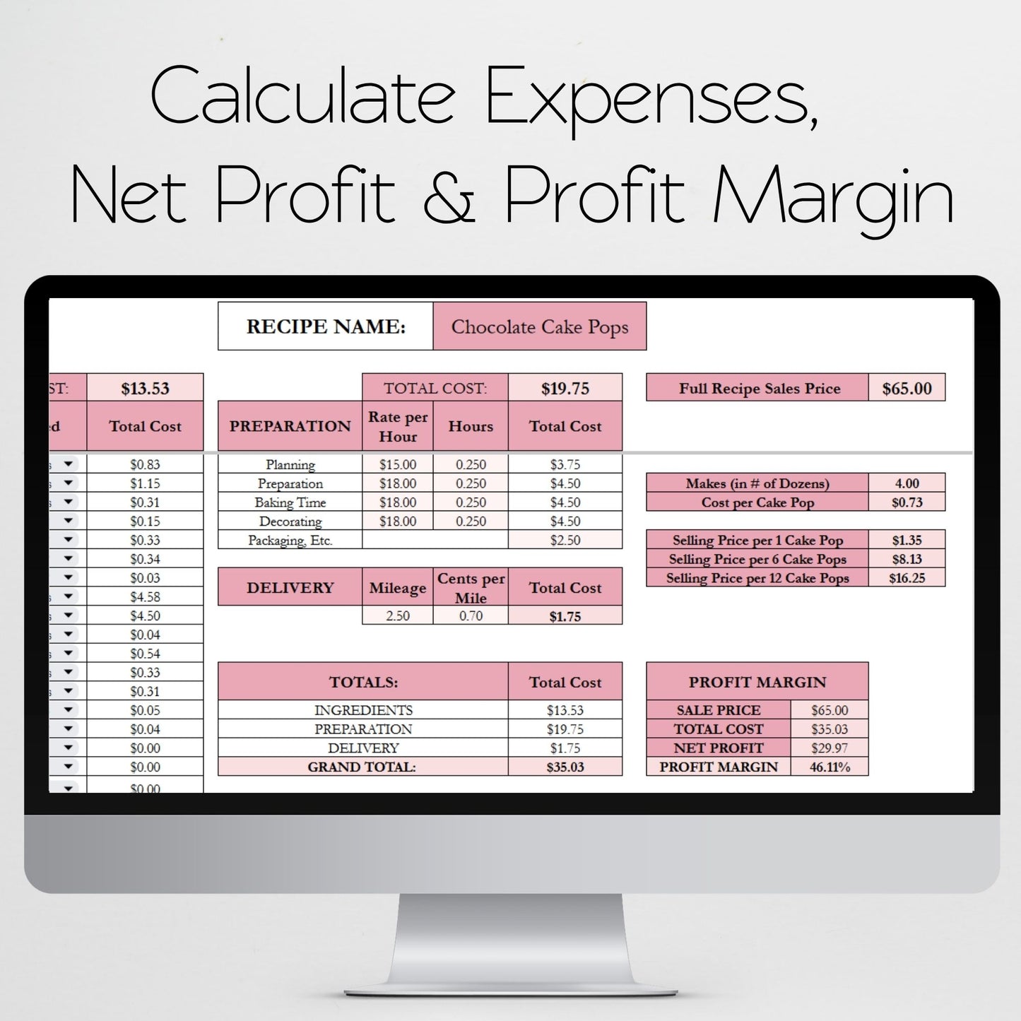 Cake Pop Pricing Calculator Google Sheets and Excel | Bakery Cost Spreadsheet & Profit Margin Template