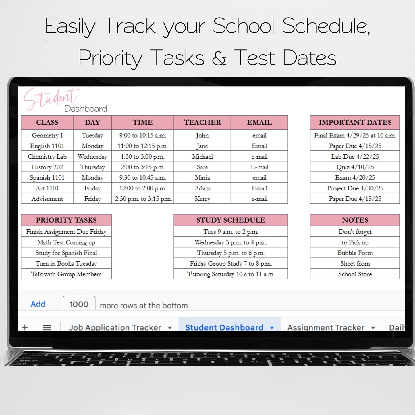 College Planner Template for Google Sheets and Excel Spreadsheet