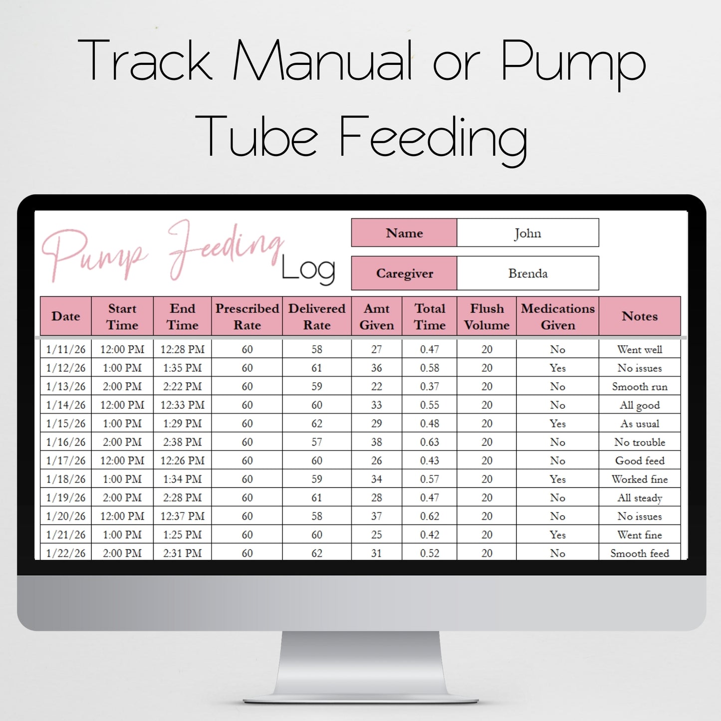 Tube Feeding Log Template Google Sheet and Excel Spreadsheet