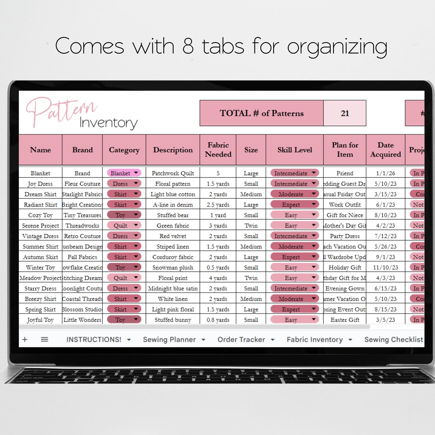 Sewing Planner Template Google Sheet and Excel Spreadsheet