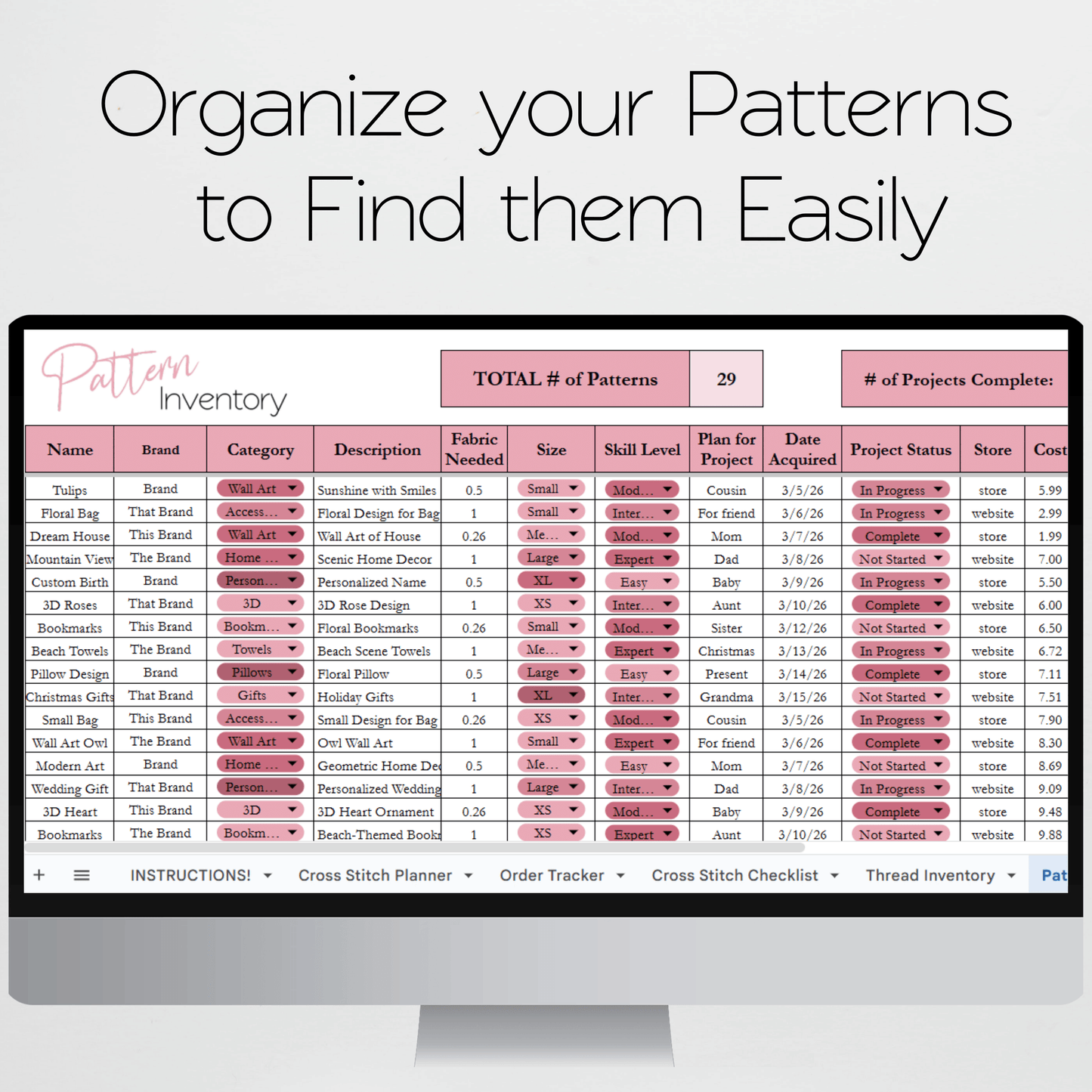 Cross Stitch Planner Template Google Sheet and Excel Spreadsheet