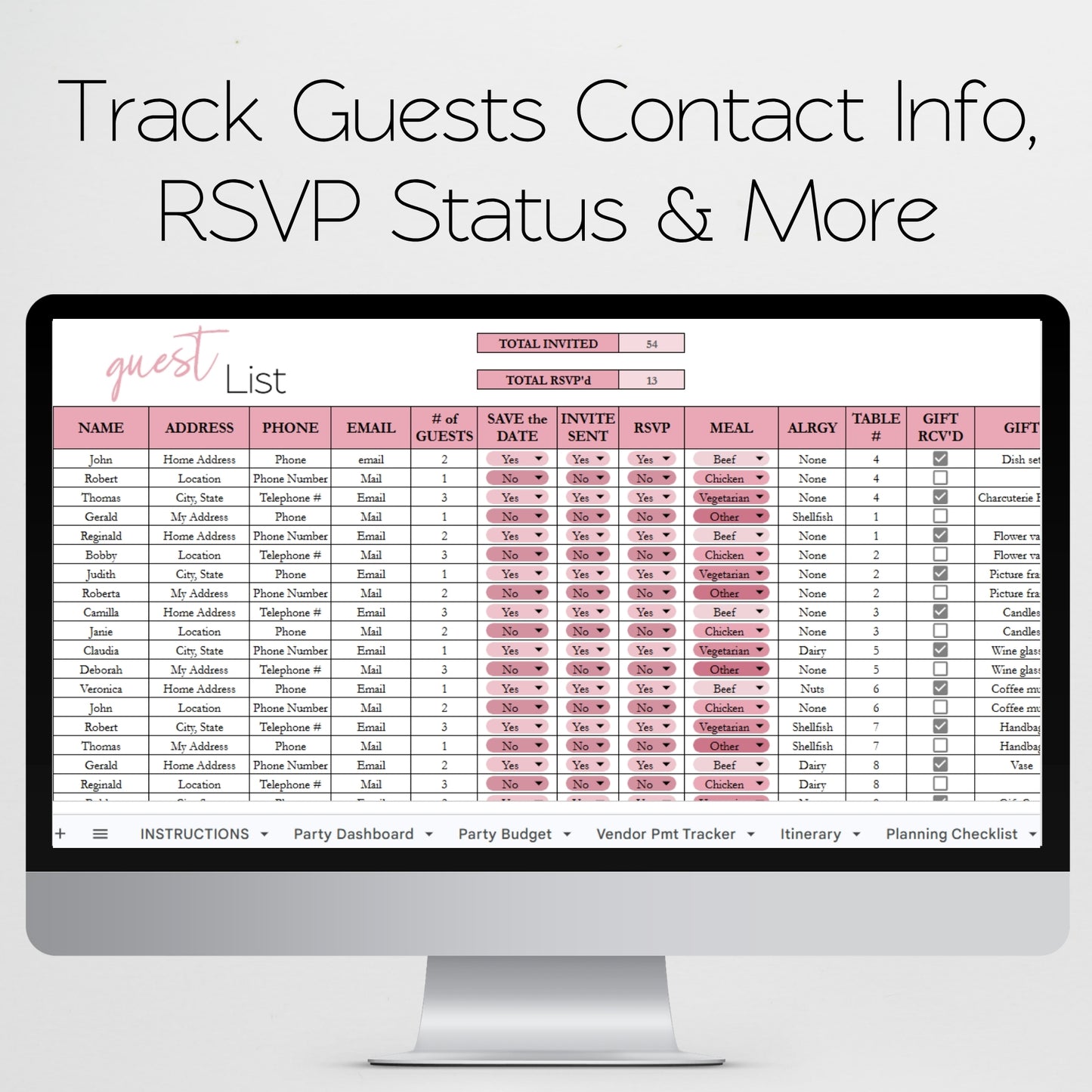 Birthday Party Planner Template Google Sheets and Excel Spreadsheet - Editable Organizer, Itinerary, Budget, Guest List,