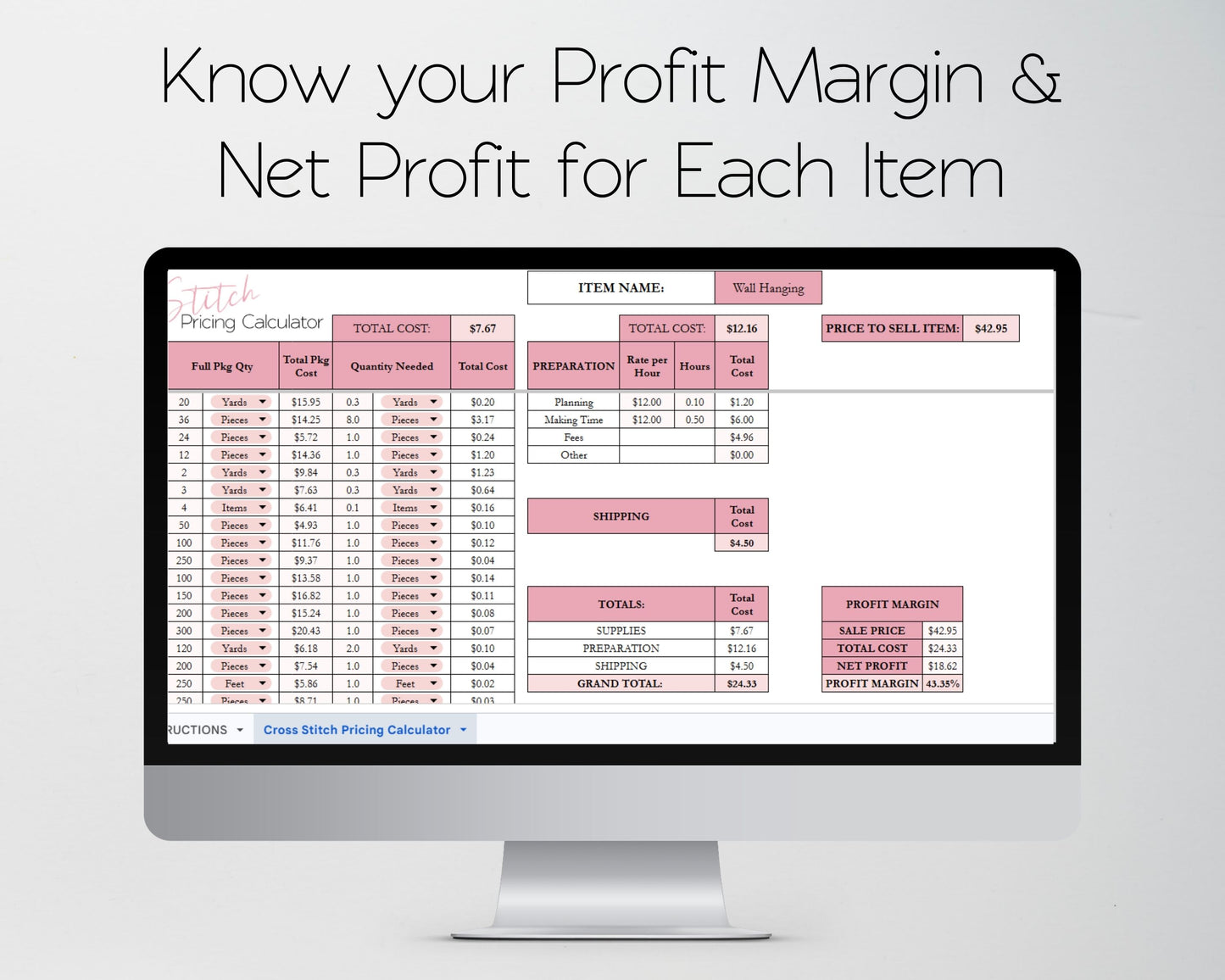 Cross Stitch Pricing Calculator Google Sheets and Excel | Handmade Cost Spreadsheet & Profit Margin Template