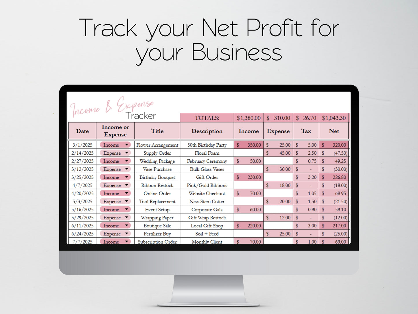 Florist Bookkeeping Template Google Sheets and Excel Spreadsheet - Income and Expense Tracker for Floral Business