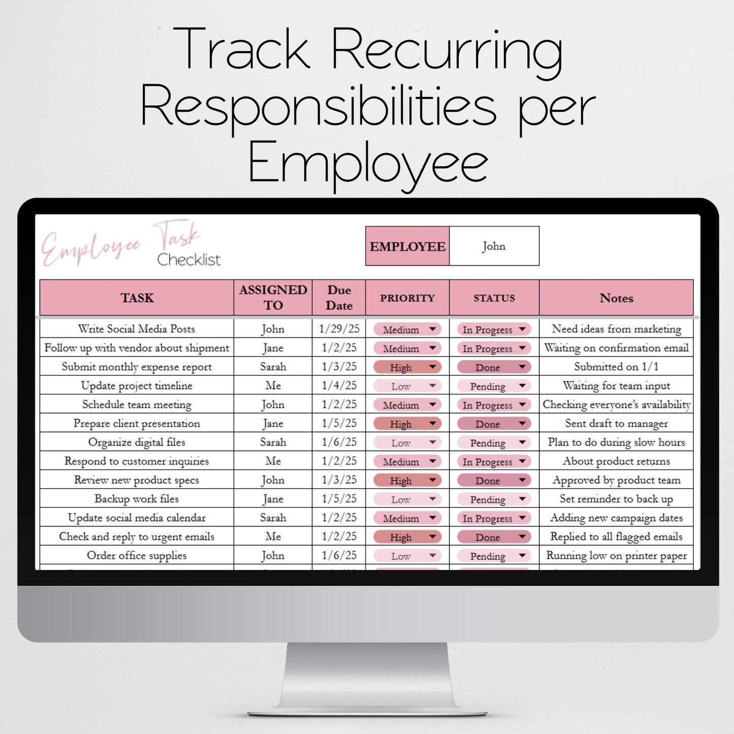Employee Task Checklist Template for Google Sheets and Excel Spreadsheet: Task Tracker