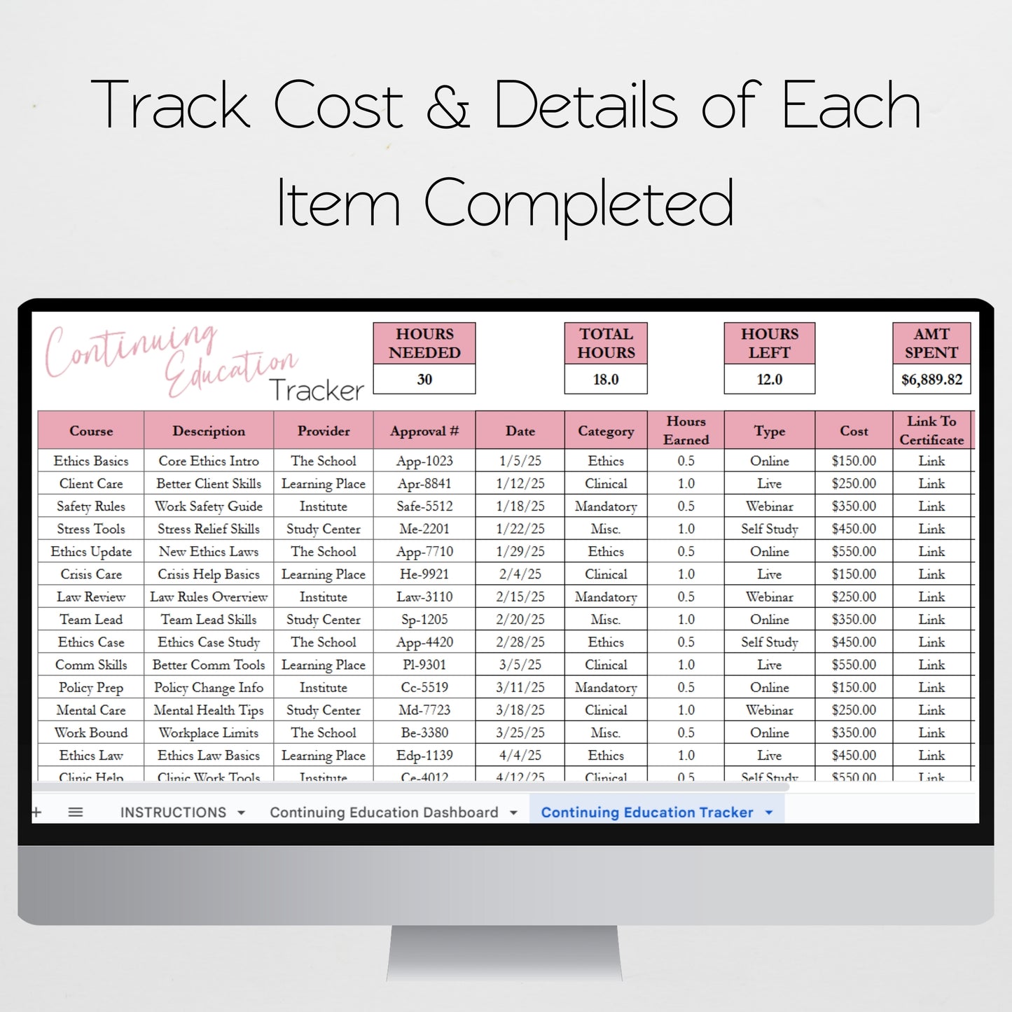 Continuing Education Tracker Template Excel Spreadsheet and Google Sheets
