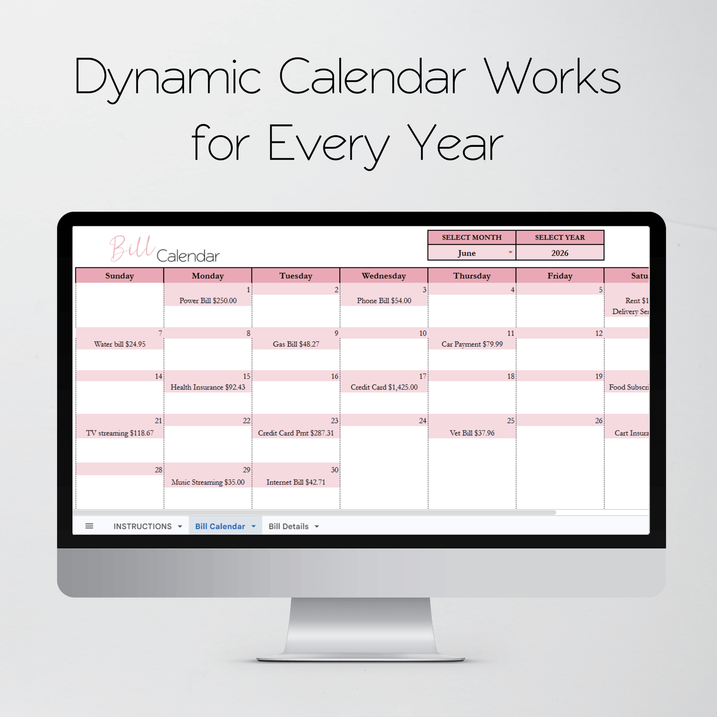Bill Calendar Excel and Google Sheets Spreadsheet Template | Automated Monthly Bill & Due Date Tracker