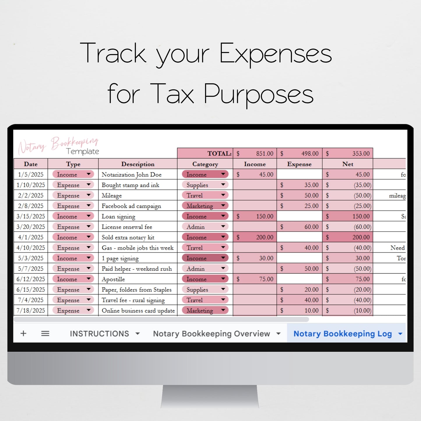 Notary Bookkeeping Template Google Sheets and Excel Spreadsheet