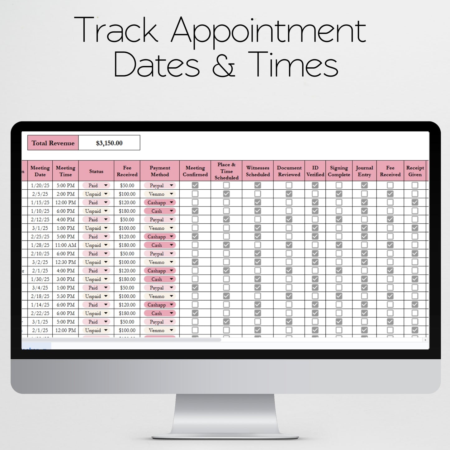 Notary Appointment Tracker Template for Google Sheets and Excel Spreadsheet
