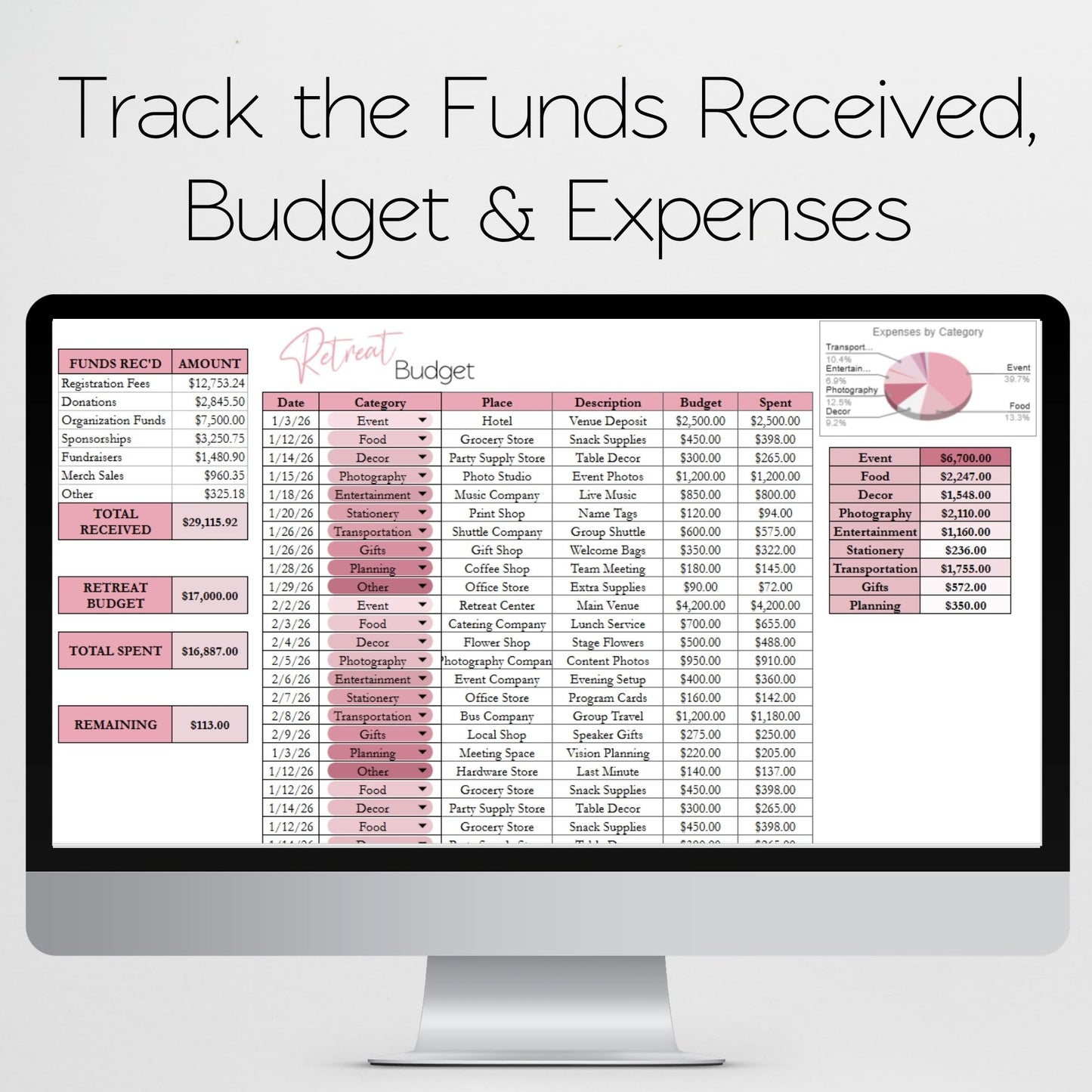 Retreat Planner | Conference, Workshop, Seminar, Convention Planner | Itinerary, Event Budget, Expense Tracker, Meal Planner, Registration Tracker, Attendee List | Google Sheets Excel Template