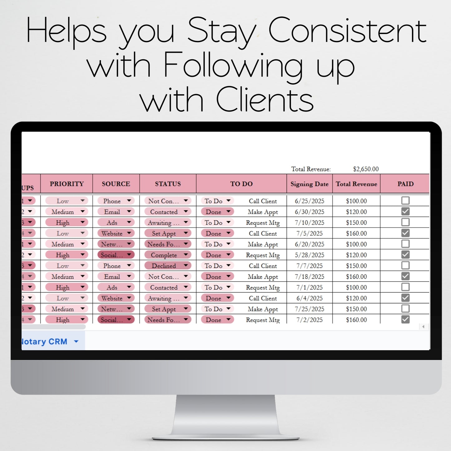 Notary CRM Template for Google Sheets and Excel Spreadsheet: Lead Tracker
