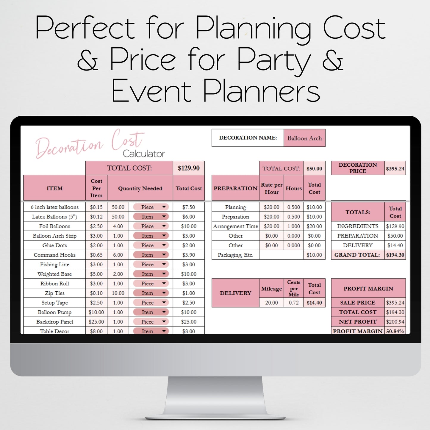 Decorating Cost Calculator Template Google Sheets and Excel Spreadsheet