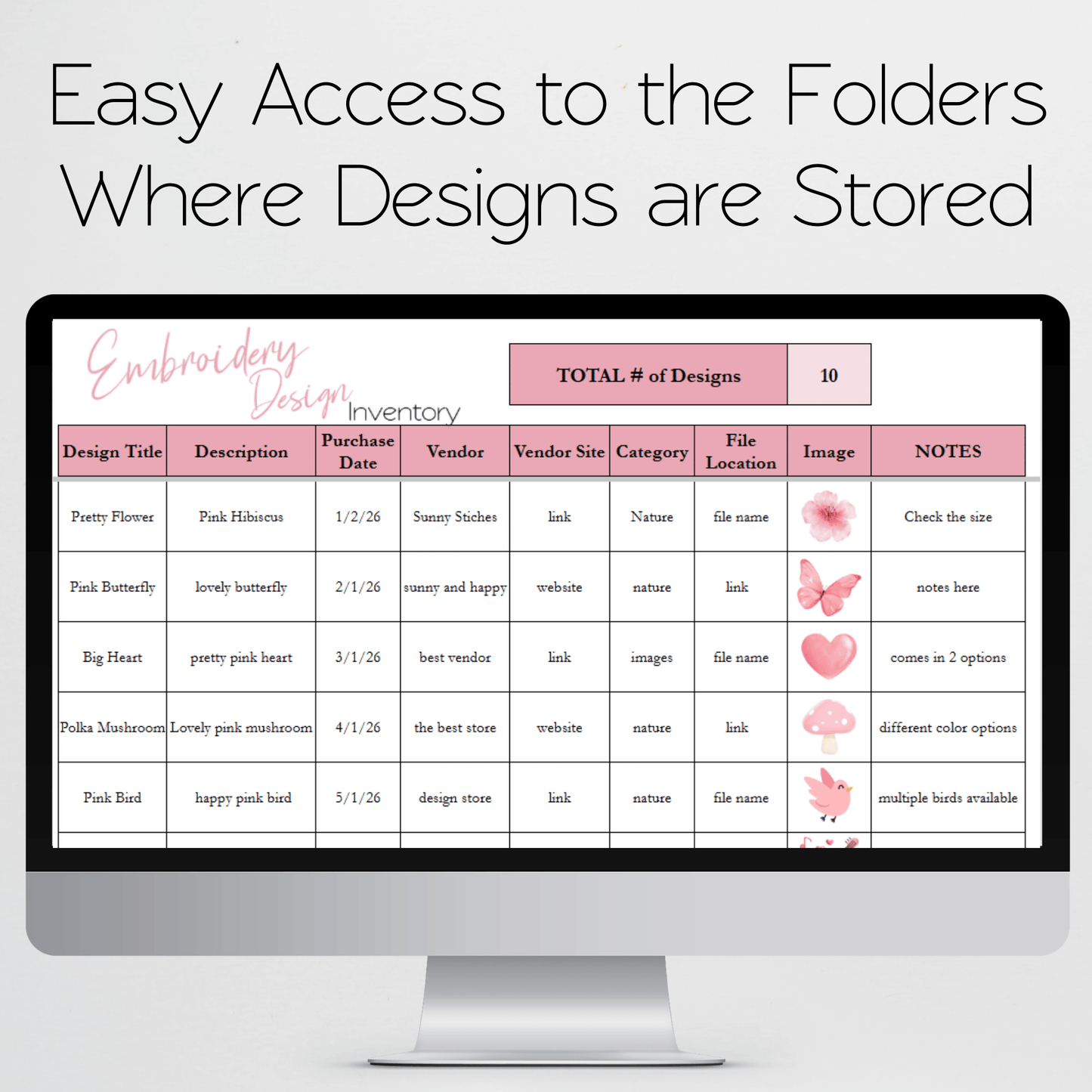 Embroidery Design Inventory Tracker Google Sheets Template and Excel Spreadsheet