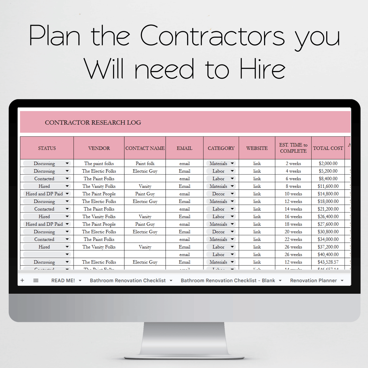 Bathroom Renovation Planner Google Sheet and Excel Spreadsheet Template