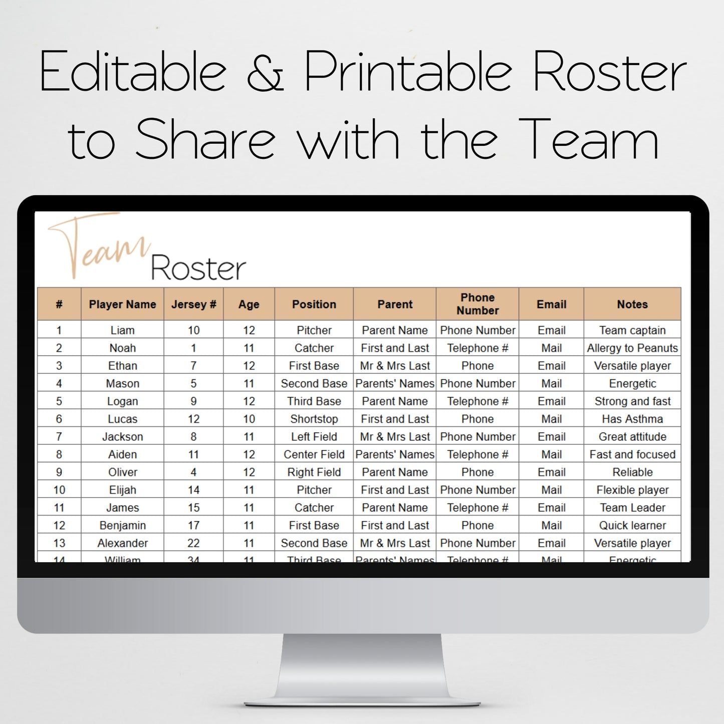 Team Roster Template Google Sheets and Excel Spreadsheet