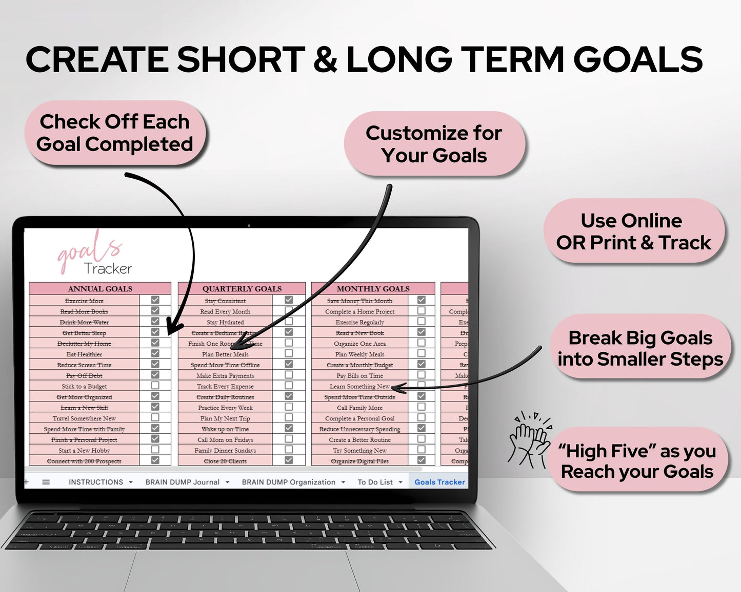 Brain Dump Planner Spreadsheet | Productivity Organizer, Task Tracker & Goal Planning Template