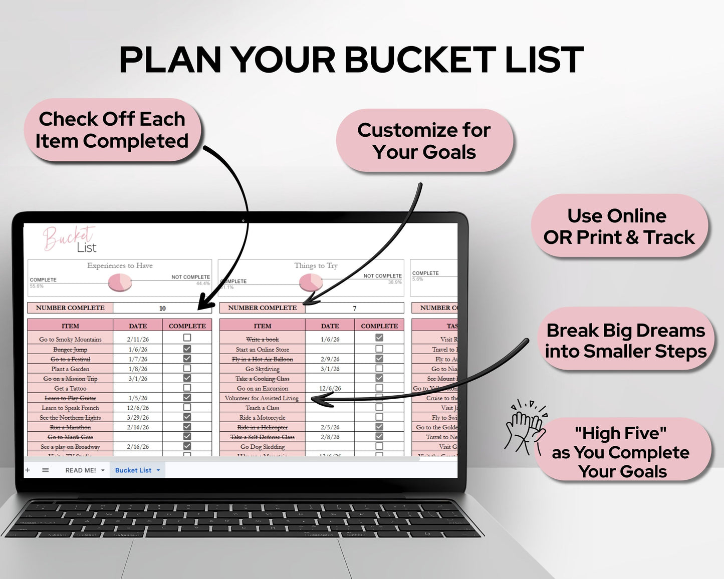 Bucket List Planner Spreadsheet Template for Google Sheets & Excel | Travel & Life Goals