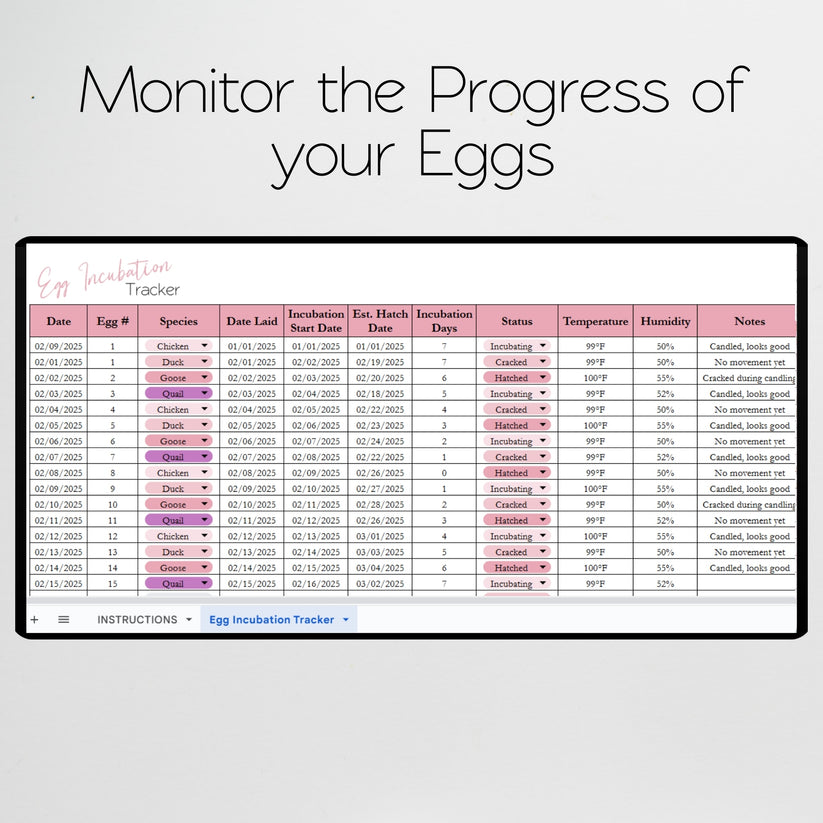 Egg Hatching Tracker Template Google Sheets and Excel Spreadsheet ...