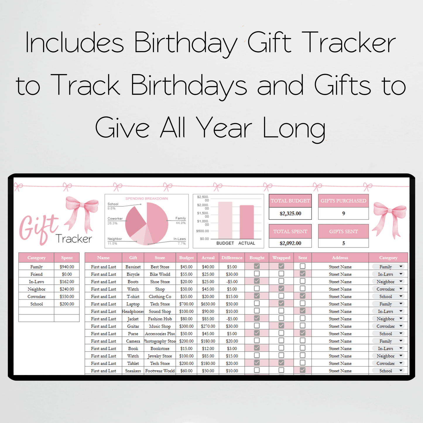 Gift Tracker for Baby Shower Gift Log, Bridal Shower Gift List Template Excel Spreadsheet and Google Sheets
