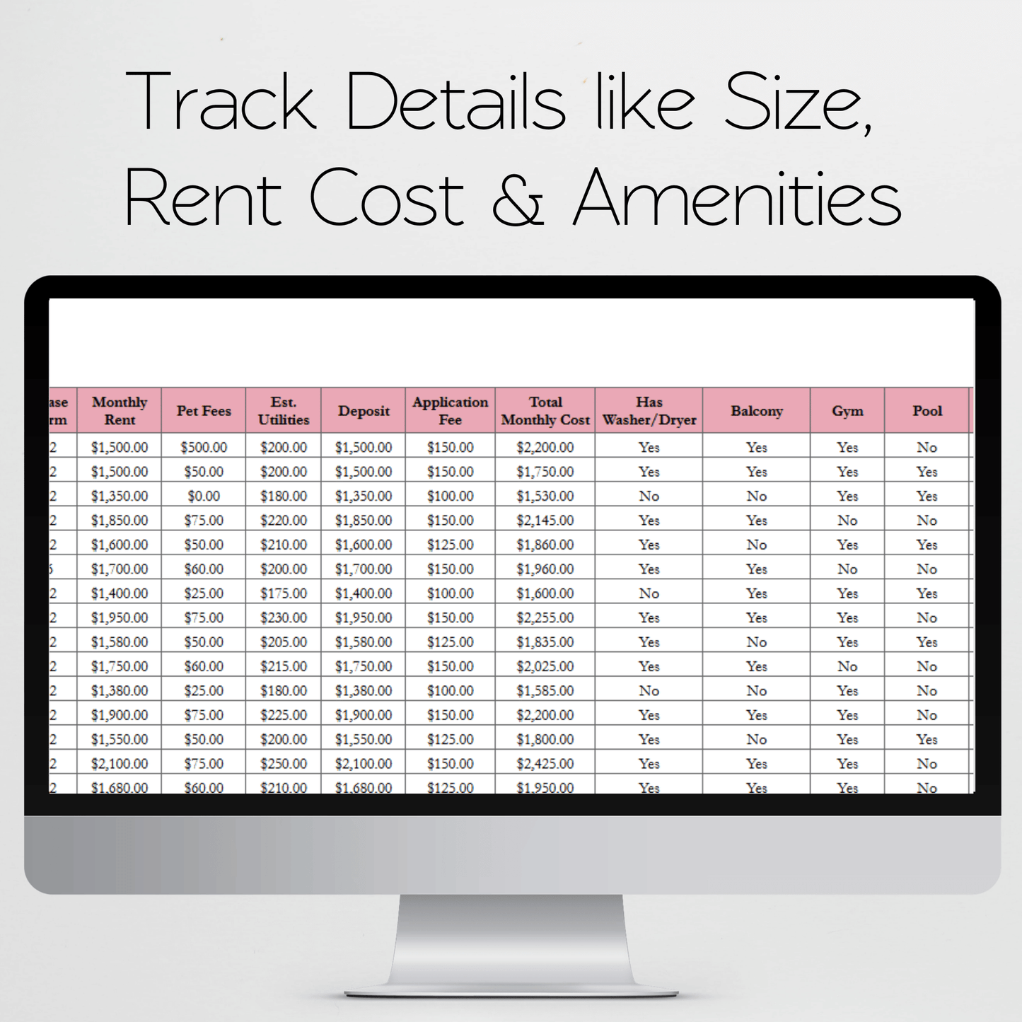 Apartment Hunting Spreadsheet Template Google Sheets and Excel Spreadsheet - Price Comparison and Amenities Tracker