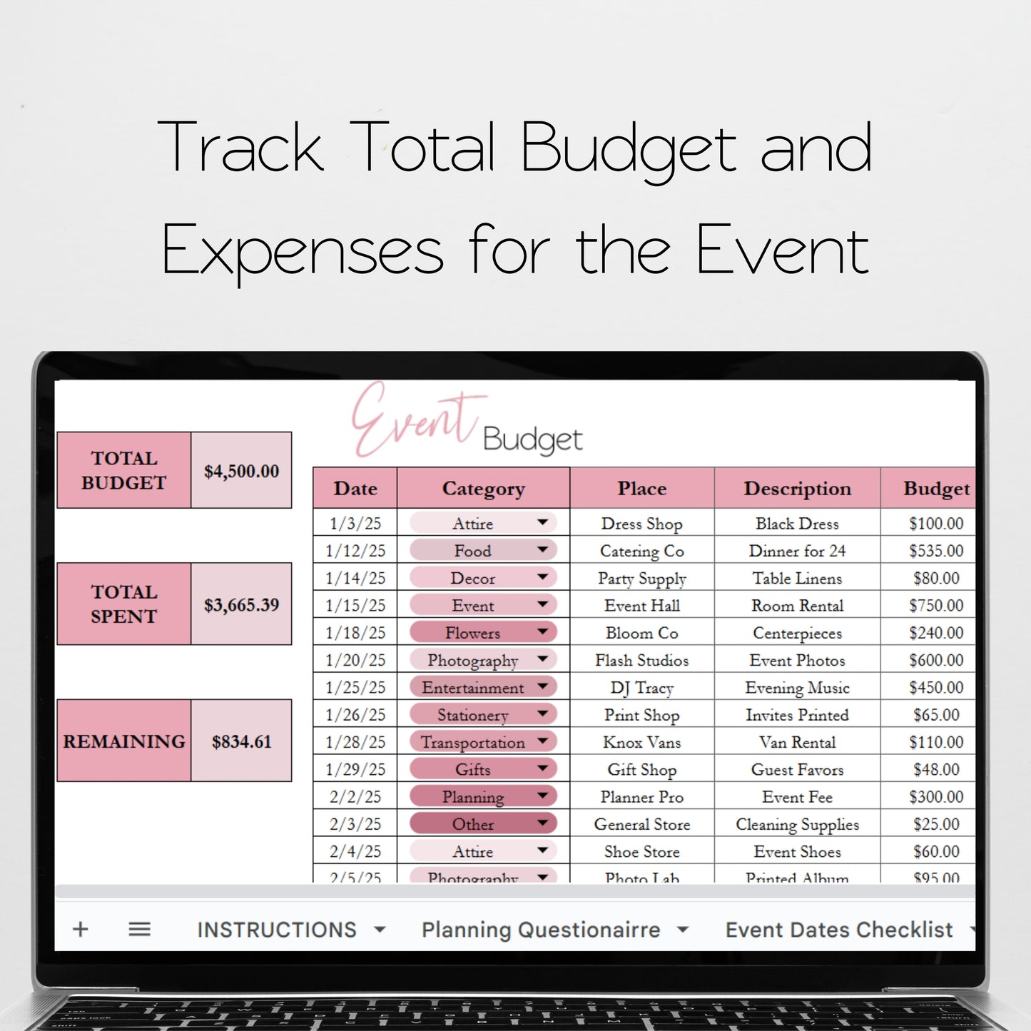 Event Planner Template for Google Sheets and Excel Spreadsheet
