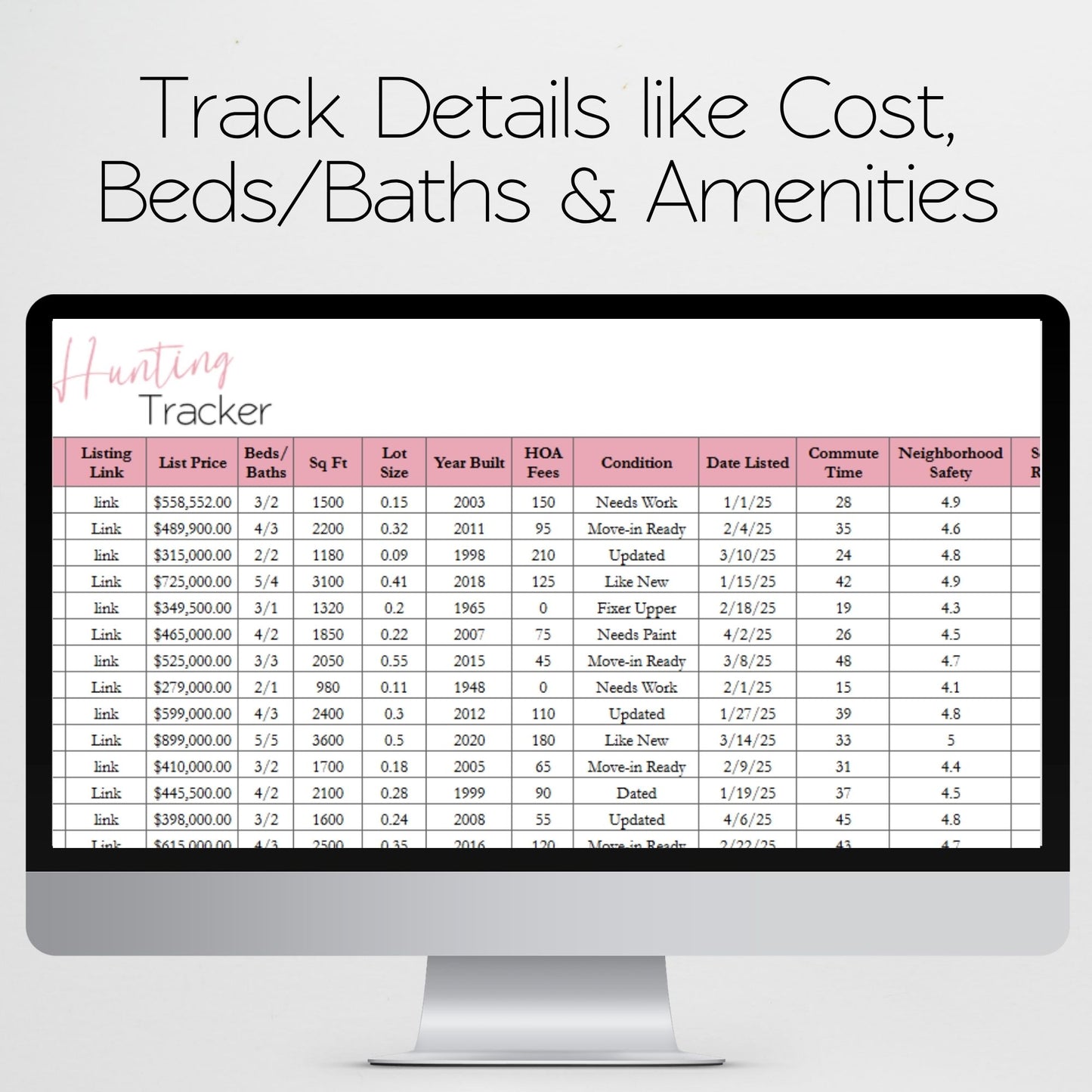 House Hunting Spreadsheet & Home Comparison Chart – Real Estate Template for Home Buying, First‑Time Buyers, and Investment Property Planning for Google Sheets and Excel