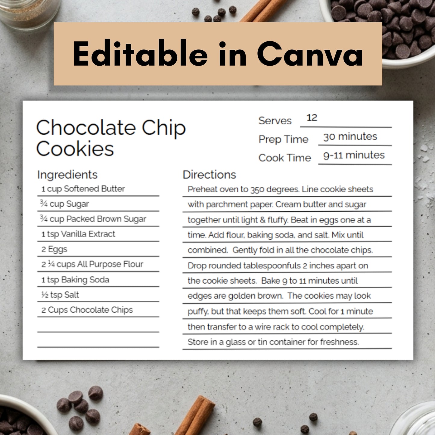 Recipe Card Template - Editable Canva, Digital Download, Minimalist - Comes in 3 Sizes 3 x 5, 4 x 6, Letter