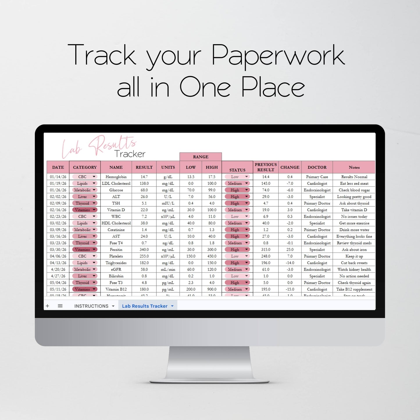 Lab Results Tracker Template | Google Sheets & Excel Spreadsheet for Bloodwork, Health & Medical Tracking