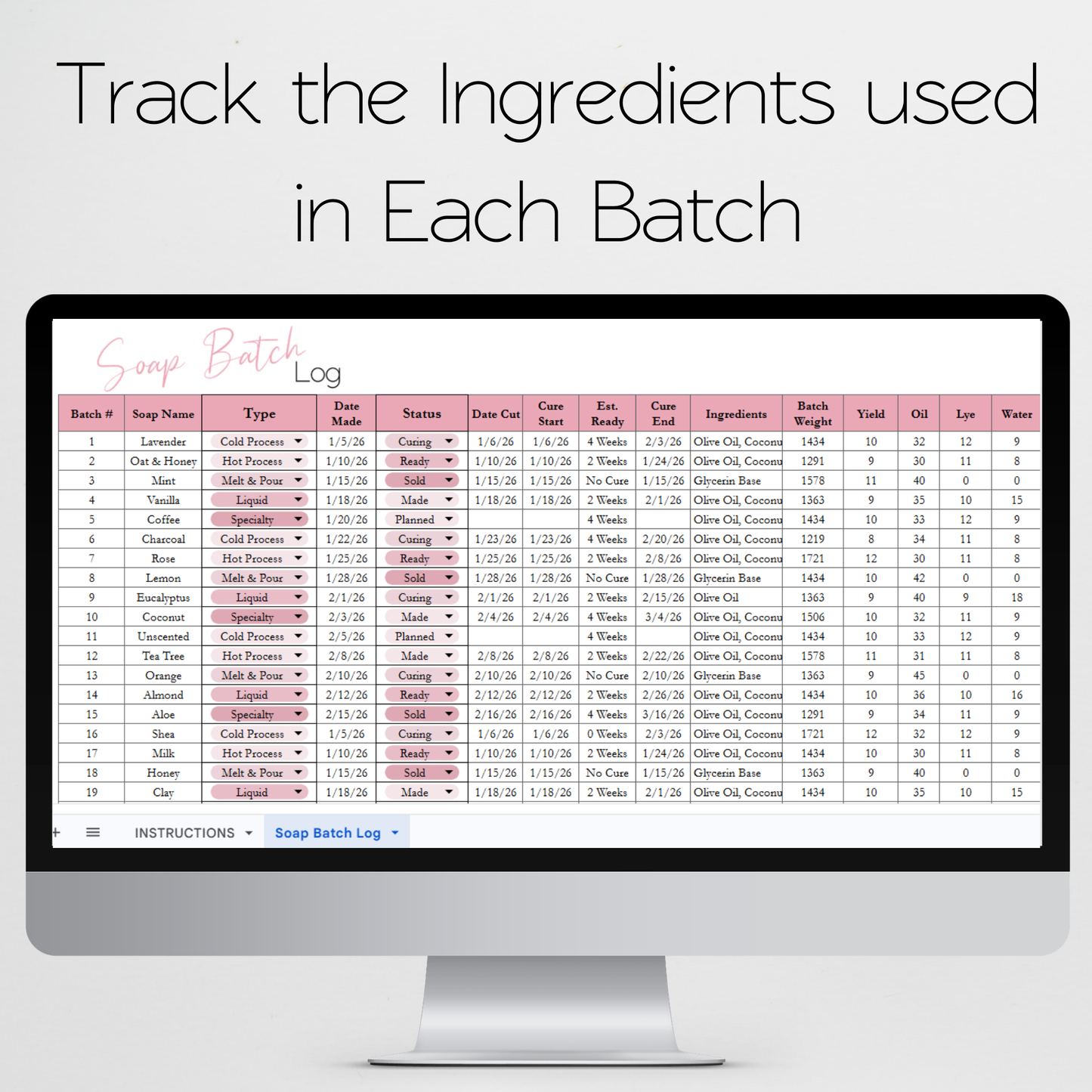 Soap Batch Log Spreadsheet Google Sheets and Excel Spreadsheet Template