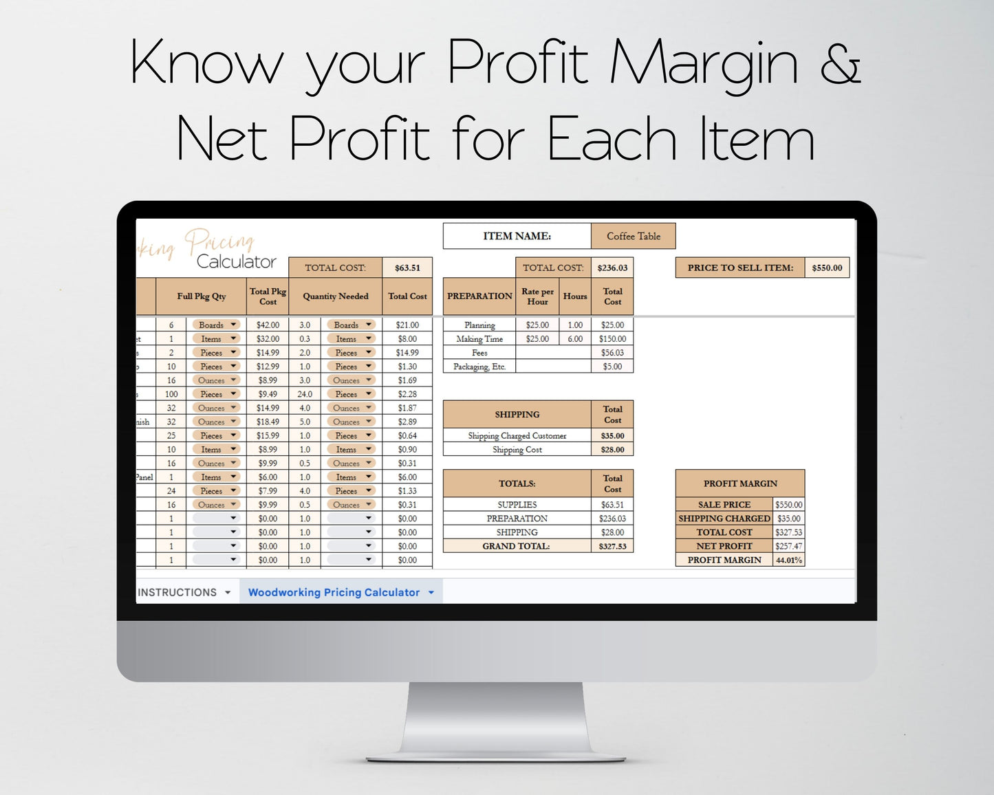 Woodworking Pricing Calculator Spreadsheet | Track Costs, Labor & Profit Margins | Google Sheets & Excel