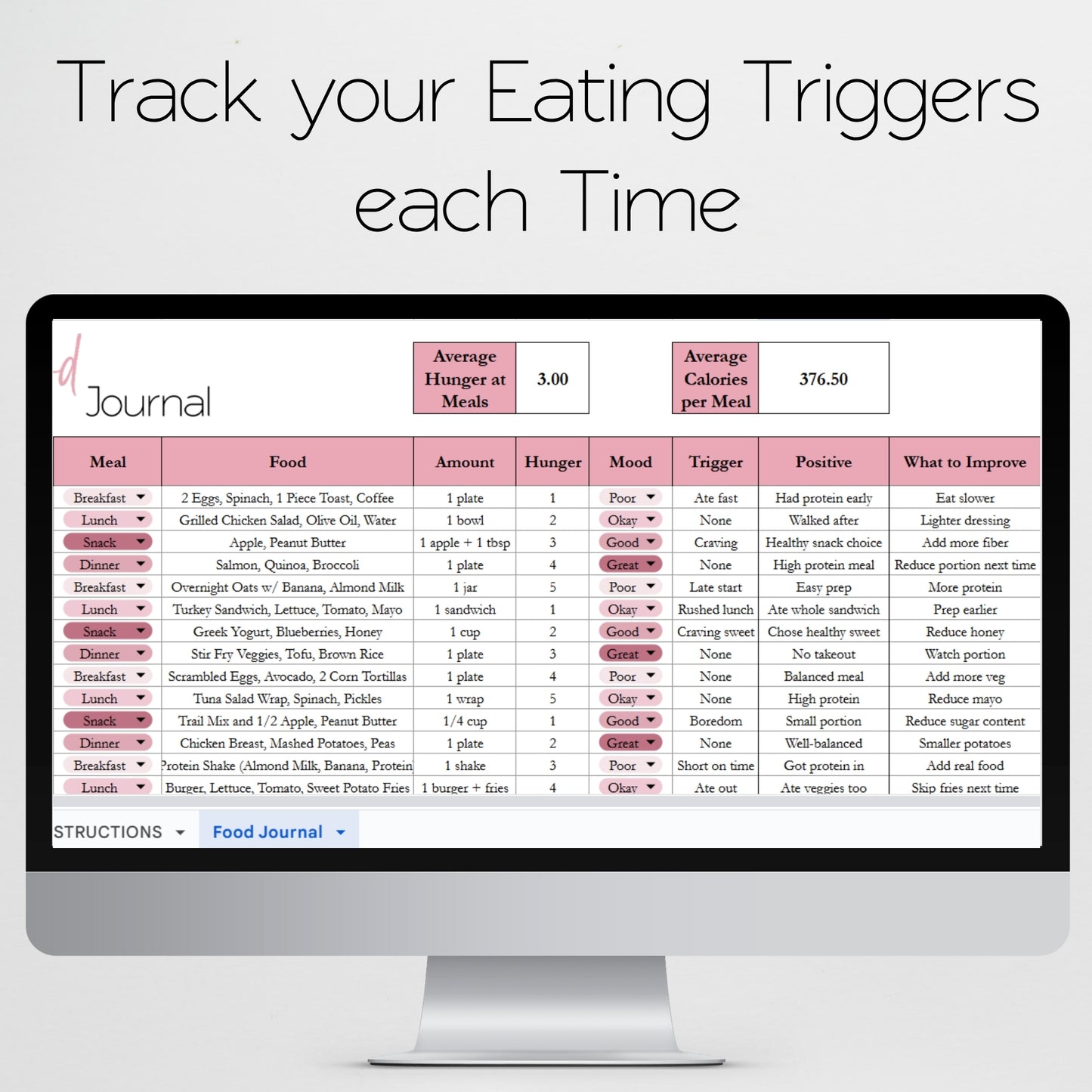 Food Journal Template Google Sheets and Excel Spreadsheet