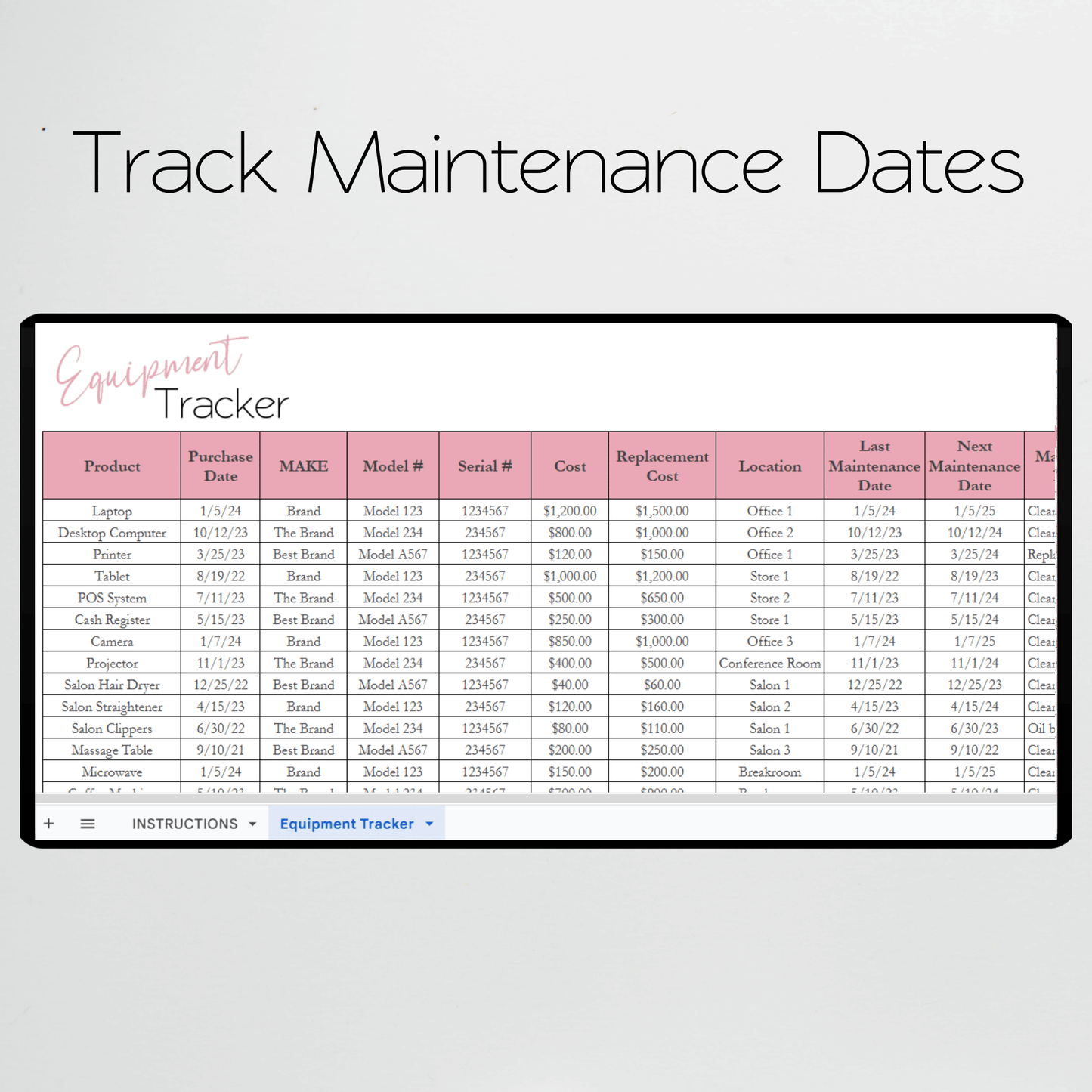 Equipment Tracker Google Sheet, Business or Rental Equipment Inventory Tracker Excel Spreadsheet