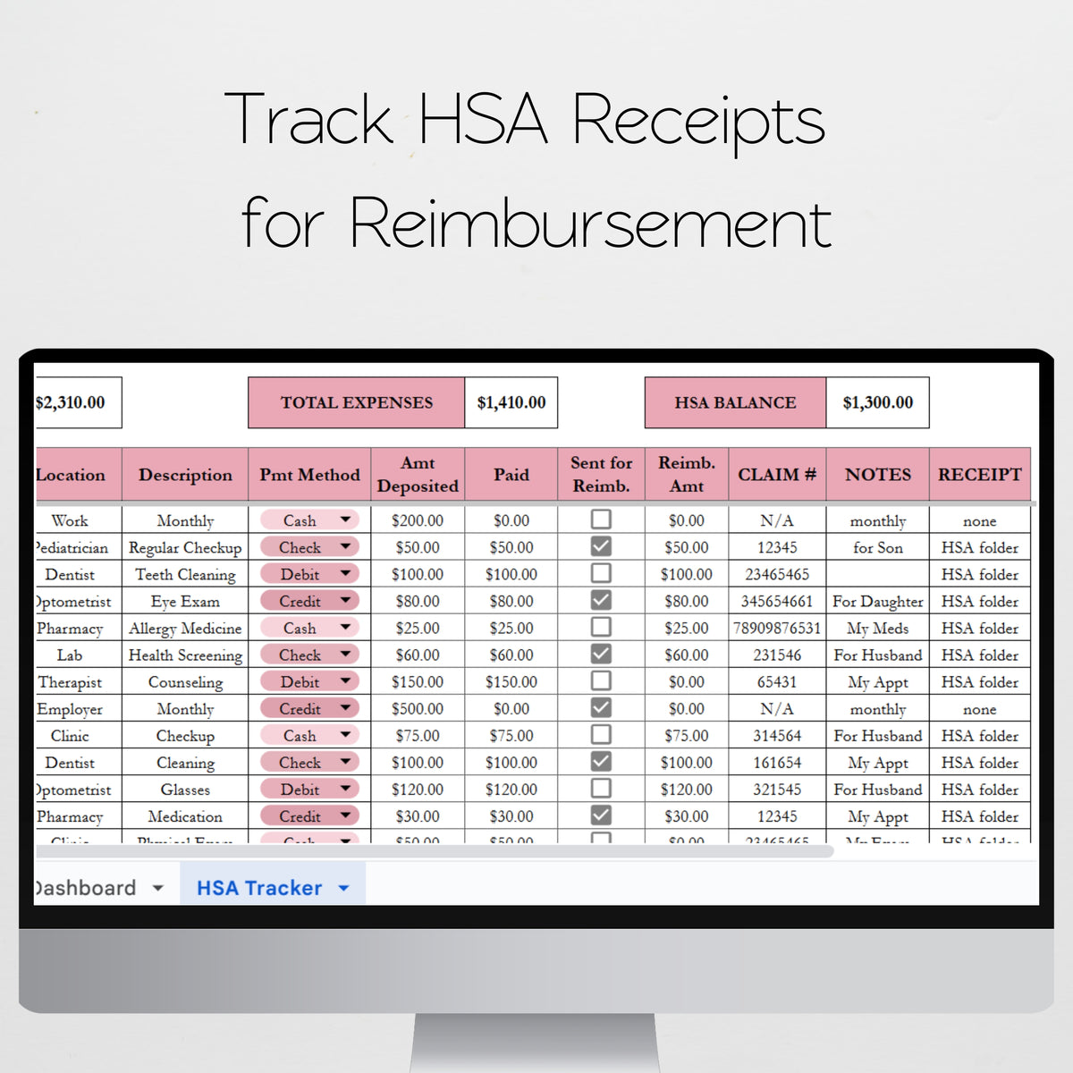 Hsa Tracking Doc HSA Tracker Template FSA Tracker Google Sheets and Excel Spreadsheet ...