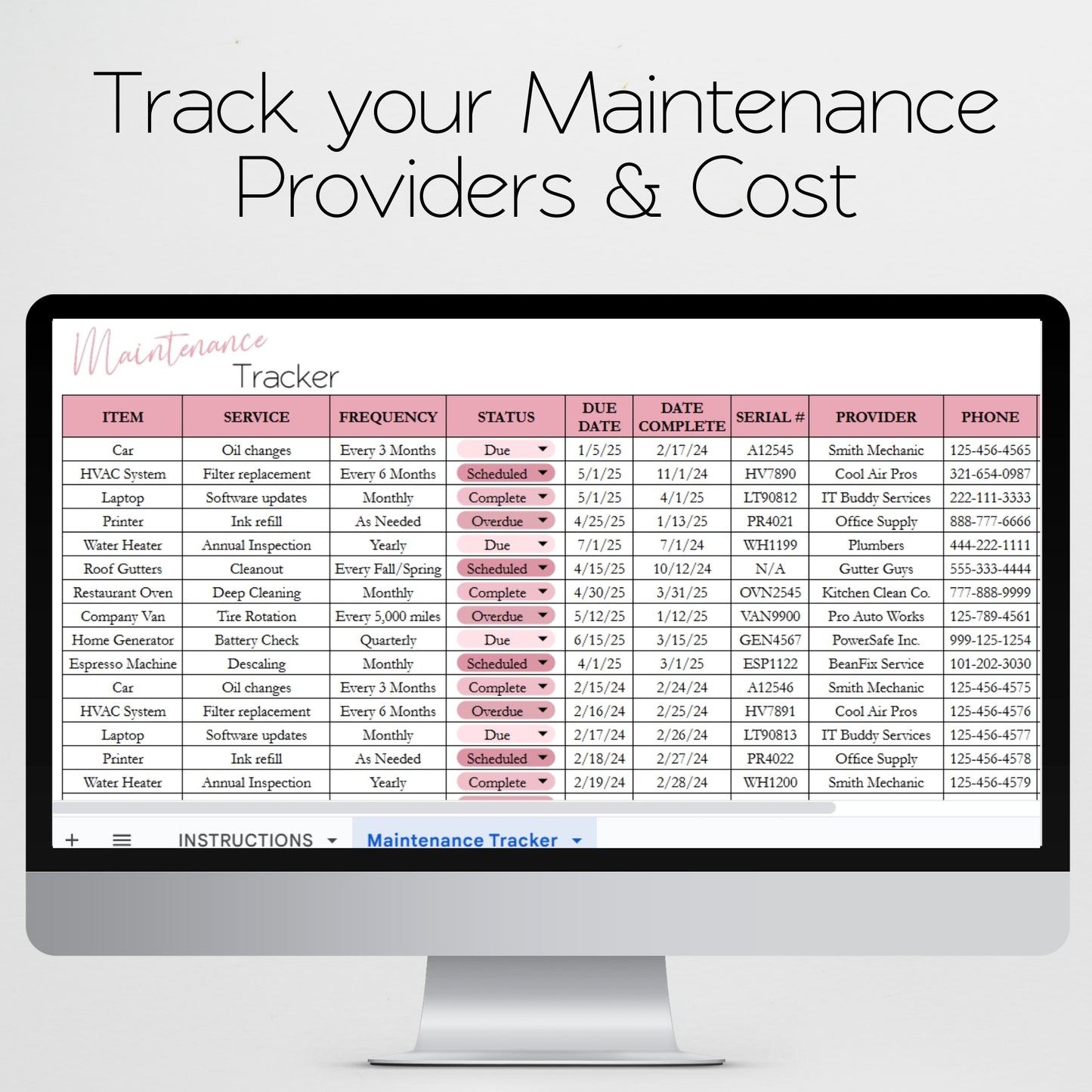 Maintenance Tracker Template for Google Sheets and Excel Spreadsheet
