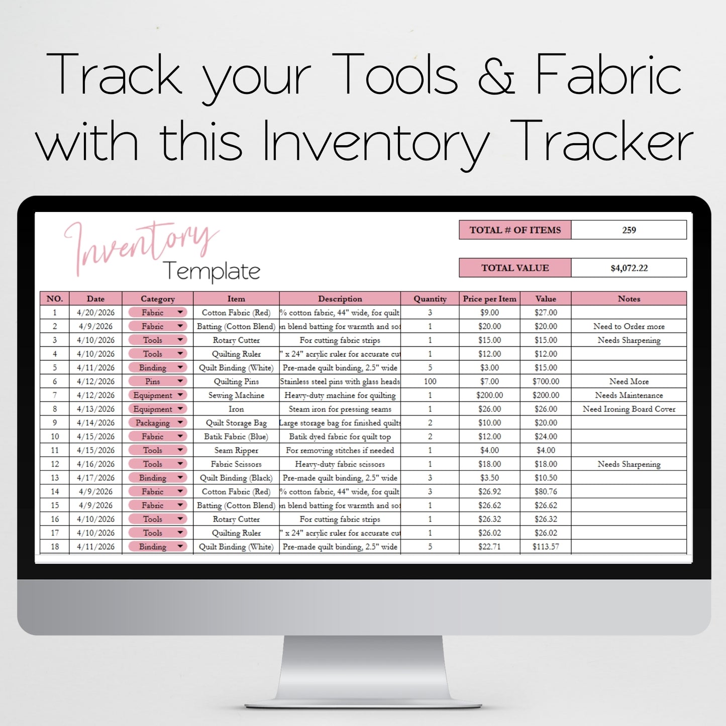 Quilt Planner Template Google Sheet and Excel Spreadsheet