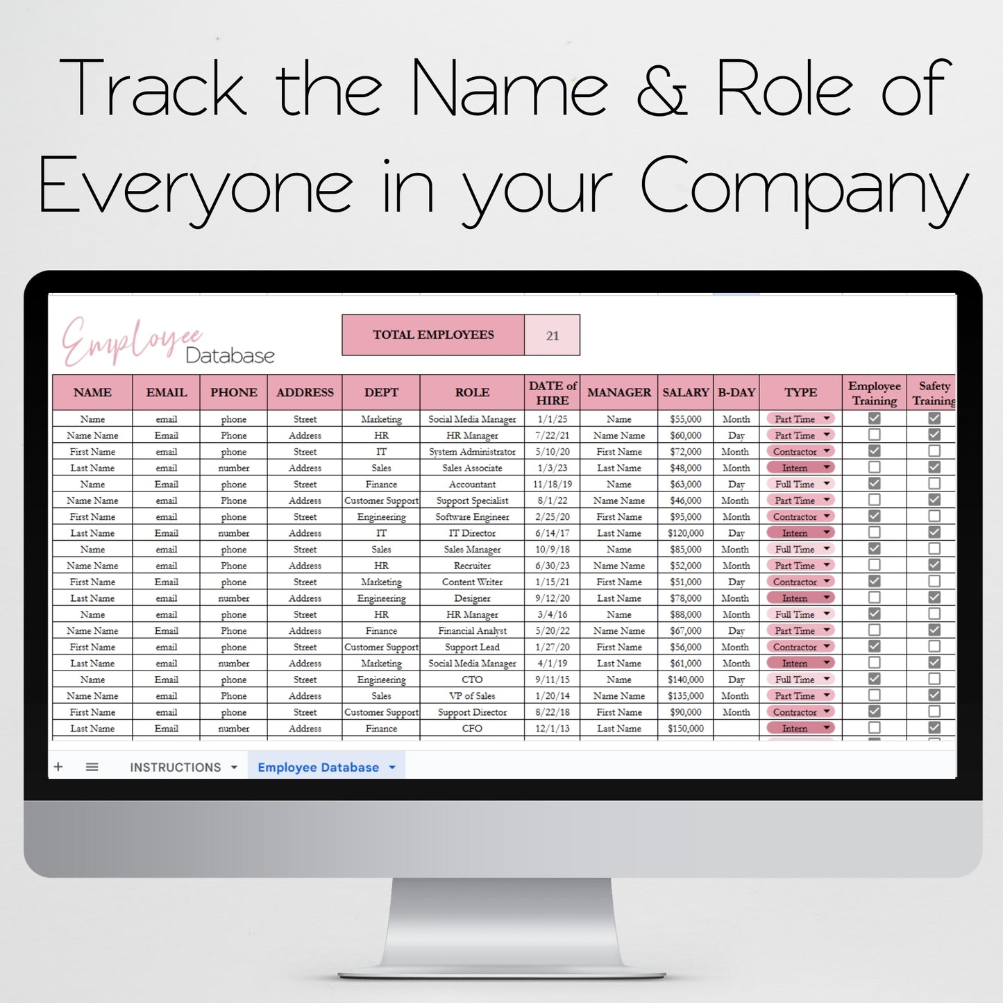 Employee Database Excel Spreadsheet Template and Google Sheets