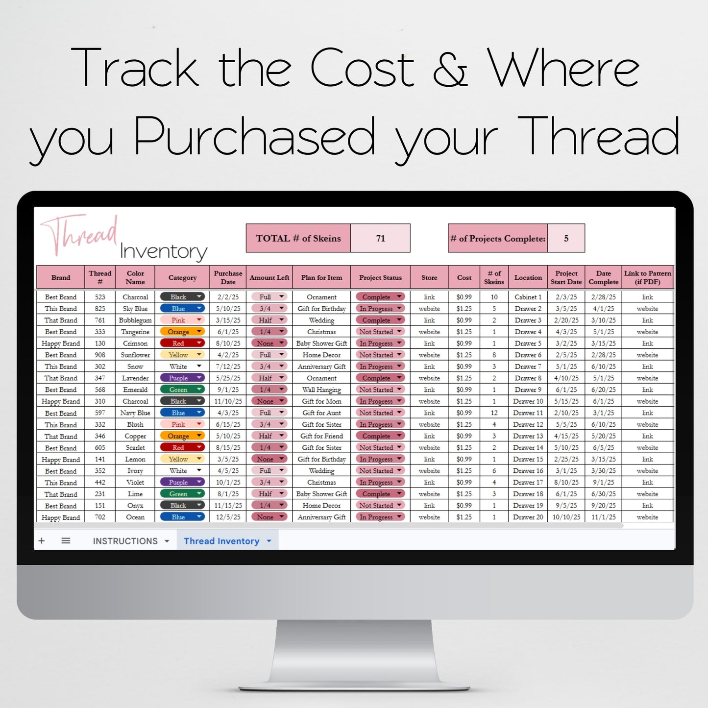 Thread Inventory Tracker Excel Spreadsheet and Google Sheets for Cross Stitch and Embroidery