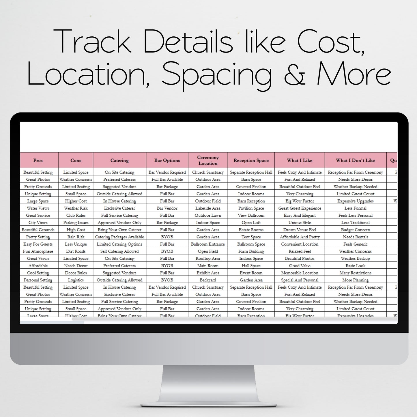 Wedding Venue Comparison Spreadsheet | Wedding Planning Google Sheets and Excel Spreadsheet Template for Brides & Wedding Planners