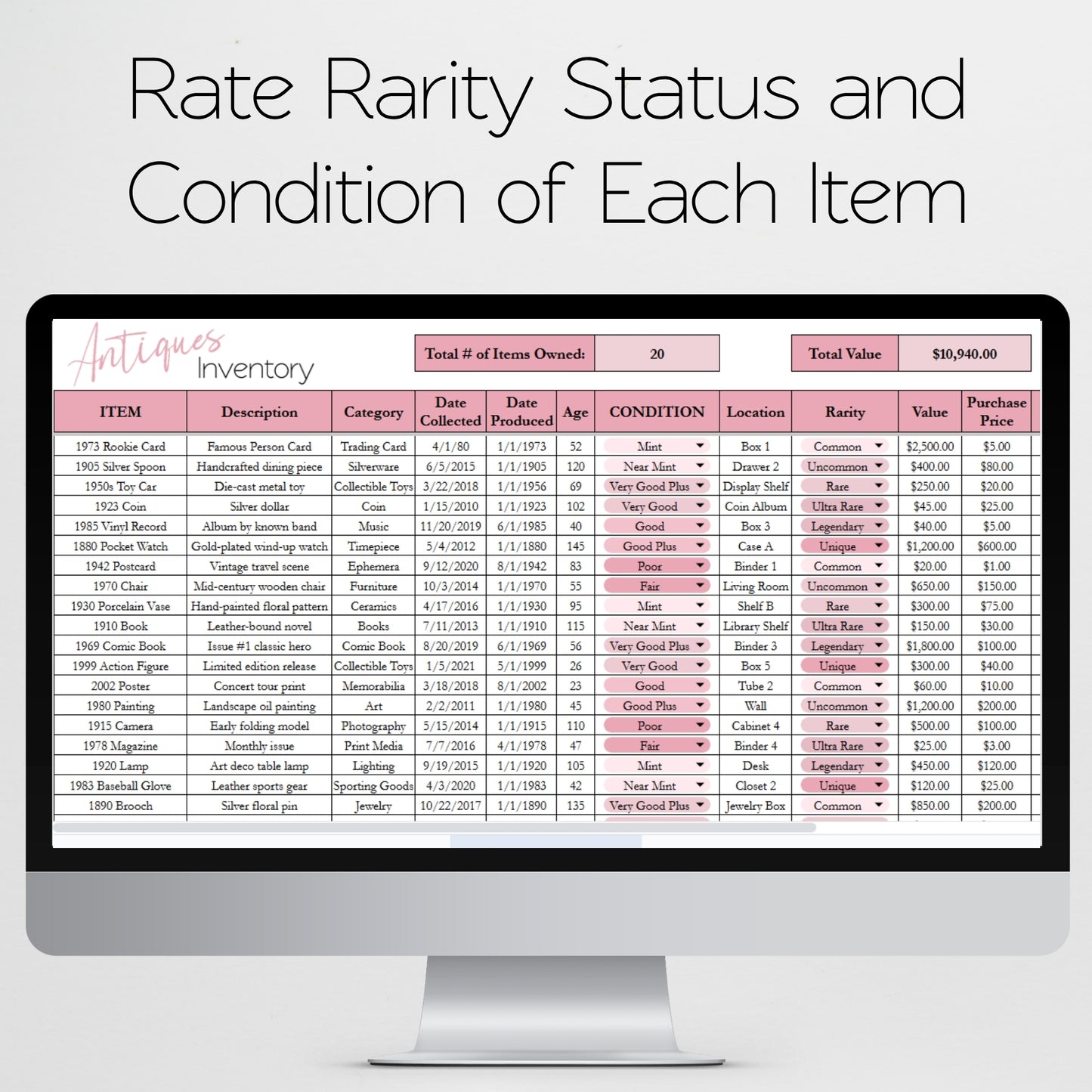 Antiques Inventory Tracker Template Google Sheets and Excel Spreadsheet