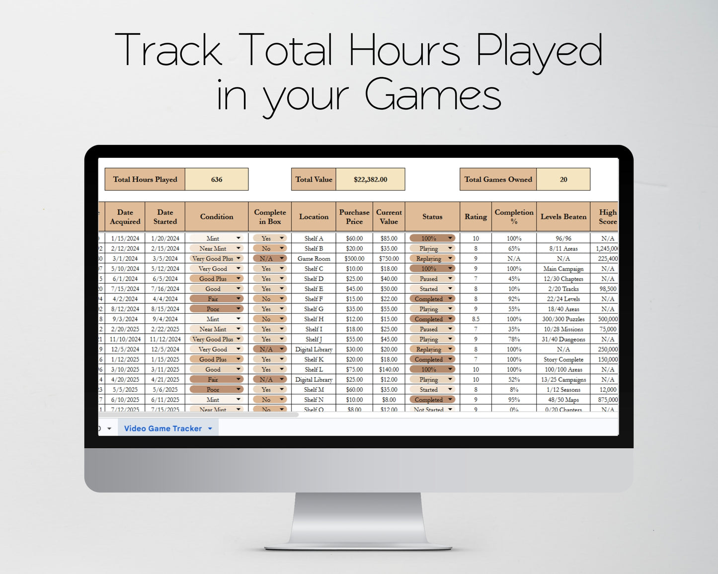 Video Game Tracker Spreadsheet Google Sheets and Excel Template - Progress, Collection, Backlog