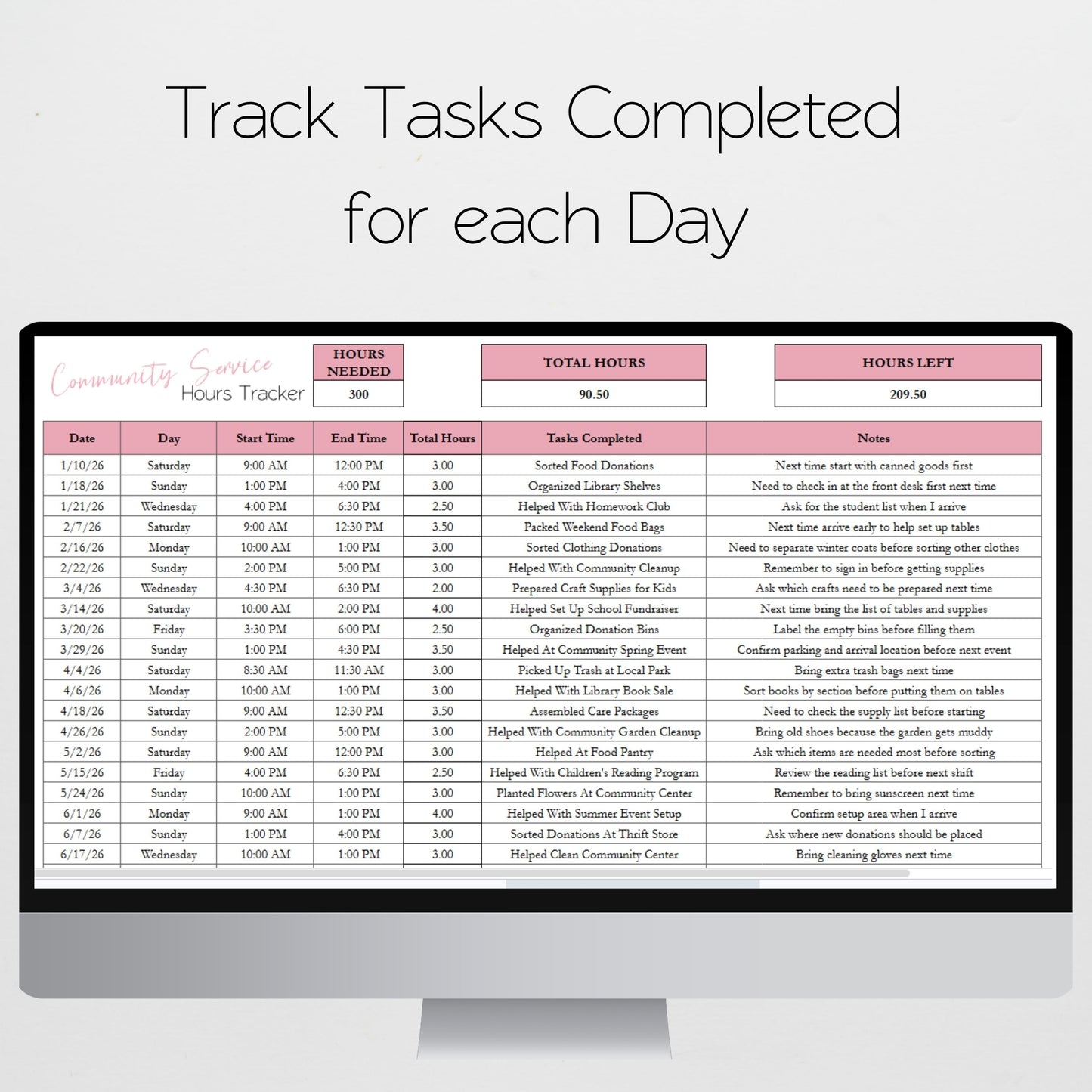 Community Service Hours Log Spreadsheet | Student Service Record & Graduation Requirement Tracker | Google Sheets & Excel