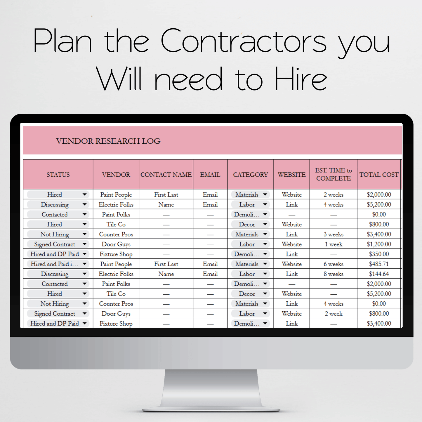 Kitchen Renovation Planner Google Sheets and Excel Spreadsheet