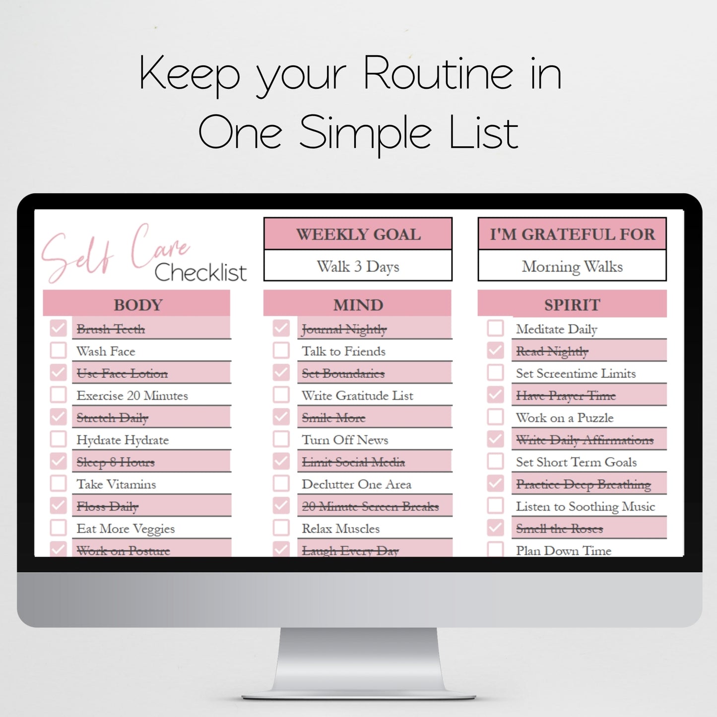 Self Care Checklist Template for Google Sheets and Excel Spreadsheet