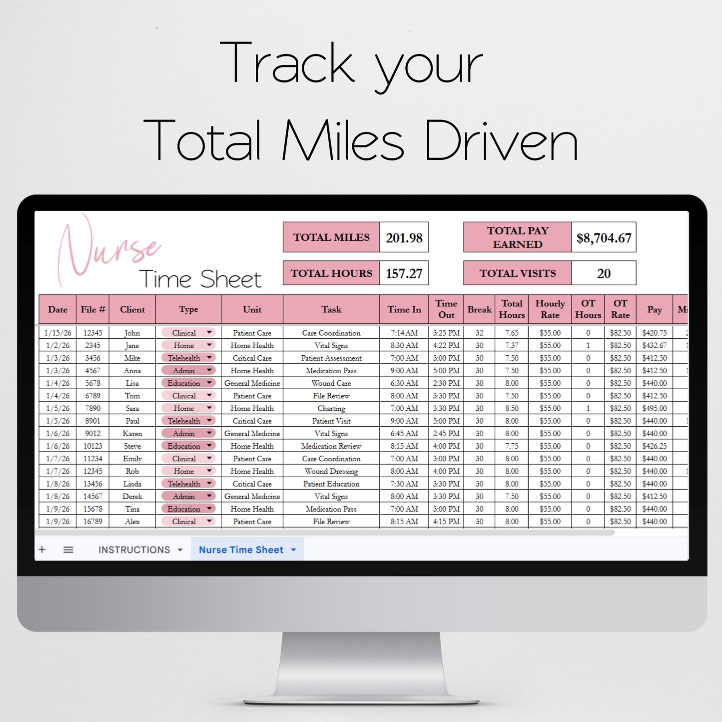 Nurse Time Sheet Spreadsheet Template Google Sheets and Excel Spreadsheet