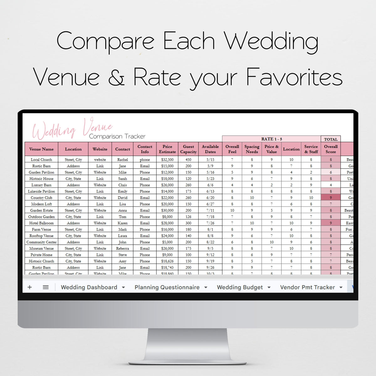 Wedding Planner Spreadsheet Template Google Sheets and Excel | Digital Wedding Organizer Brides & Wedding Coordinators
