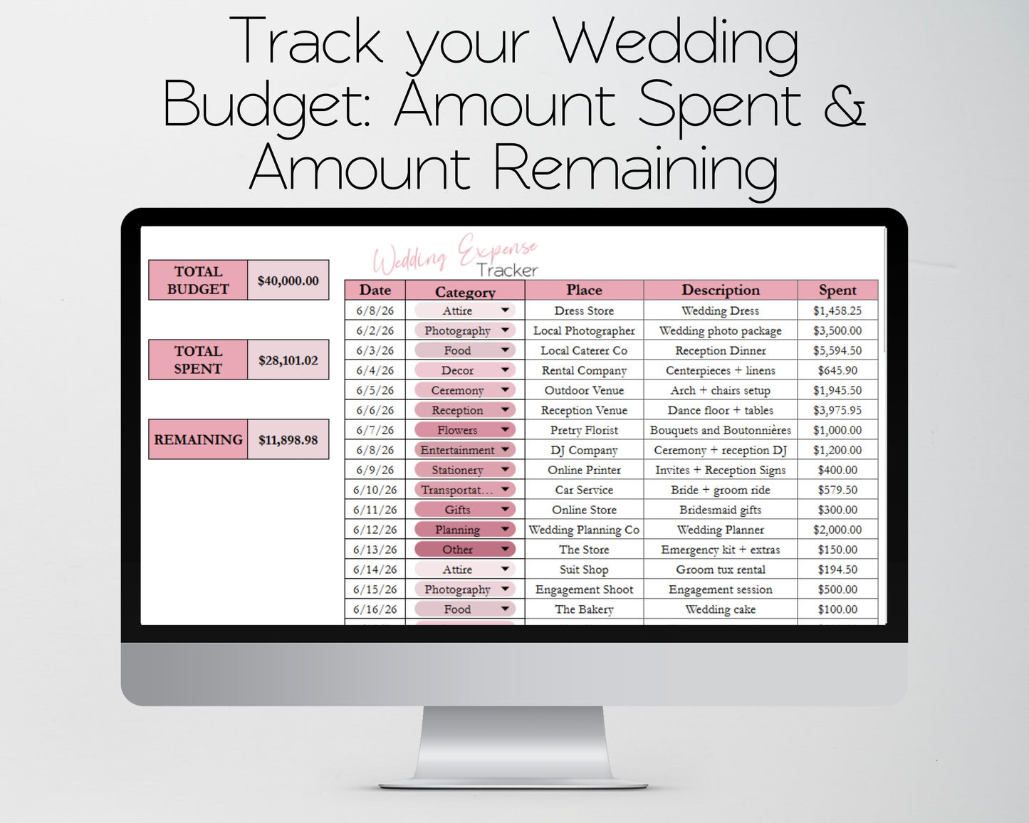 Wedding Expense Tracker Google Sheets and Excel Spreadsheet Template -  Budget Planner for Brides & Wedding Planners