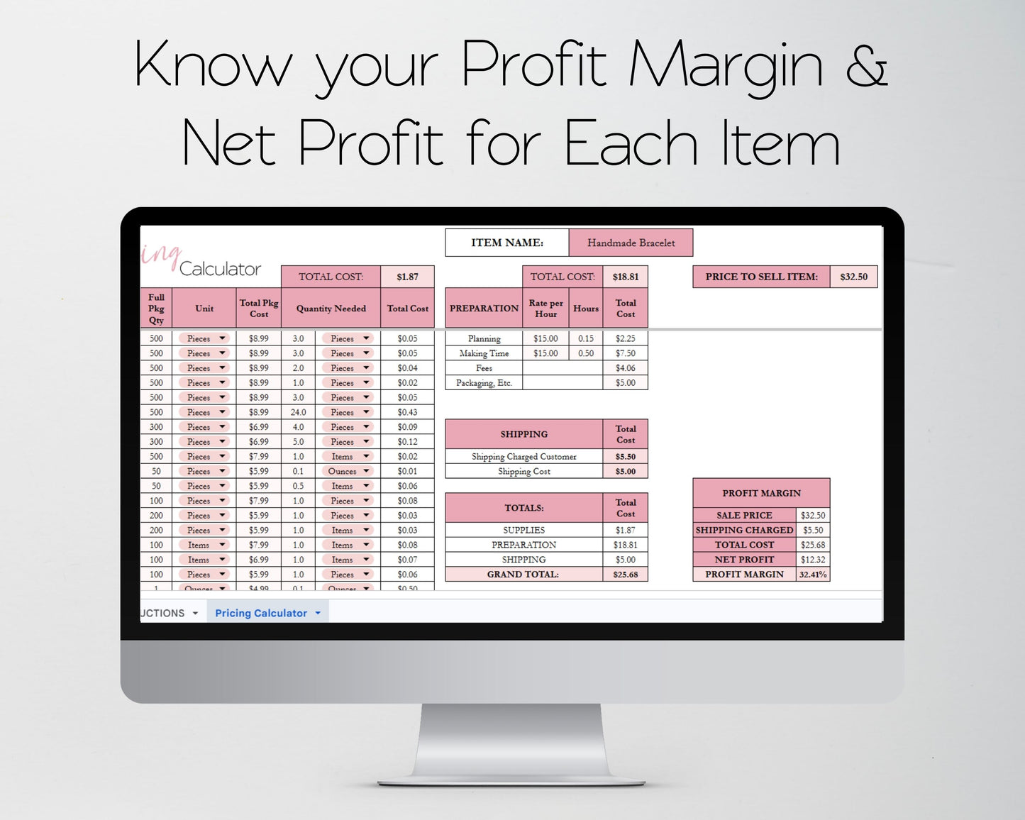 Pricing Calculator Spreadsheet | Google Sheets & Excel Business Template | Easily Price your Products & Know Profit Margin